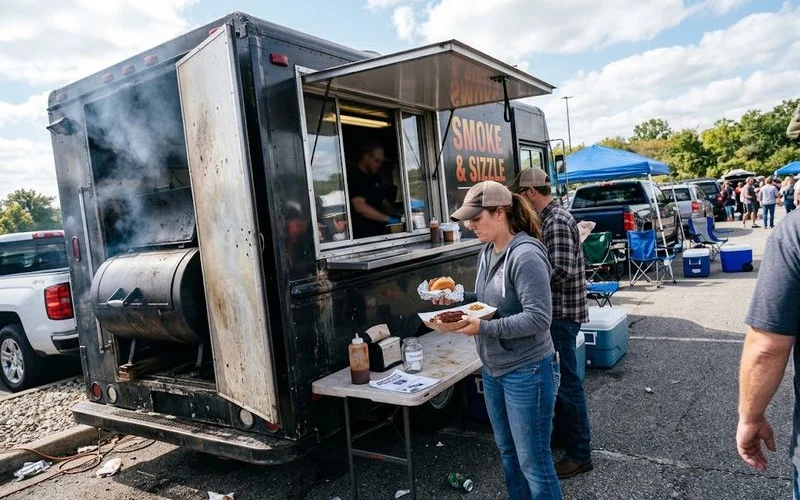 A BBQ food truck parked in a stadium tailgate lot with a line of people ordering at the service window and a smoker visible on the side of the truck