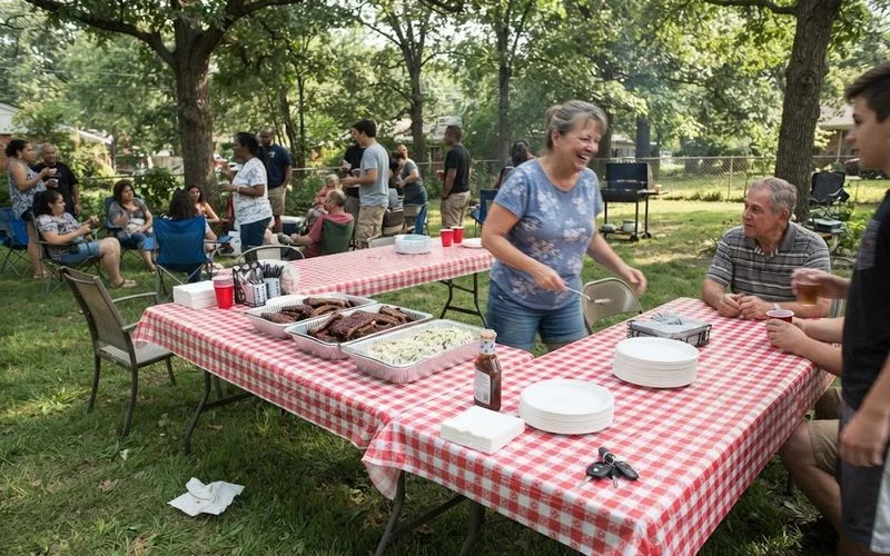 A family reunion gathering at an outdoor pavilion with a catered BBQ buffet spread and long tables set for a large group